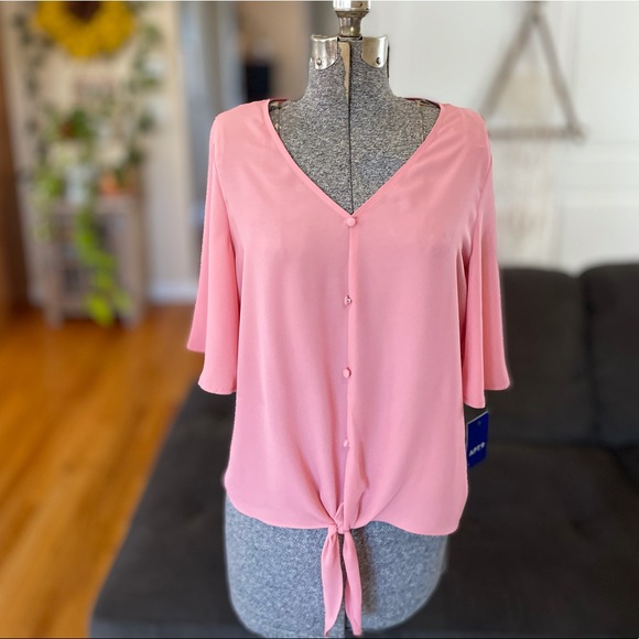 Apt. 9 Tops - Lpink light button down, front tie, short sleeve blouse